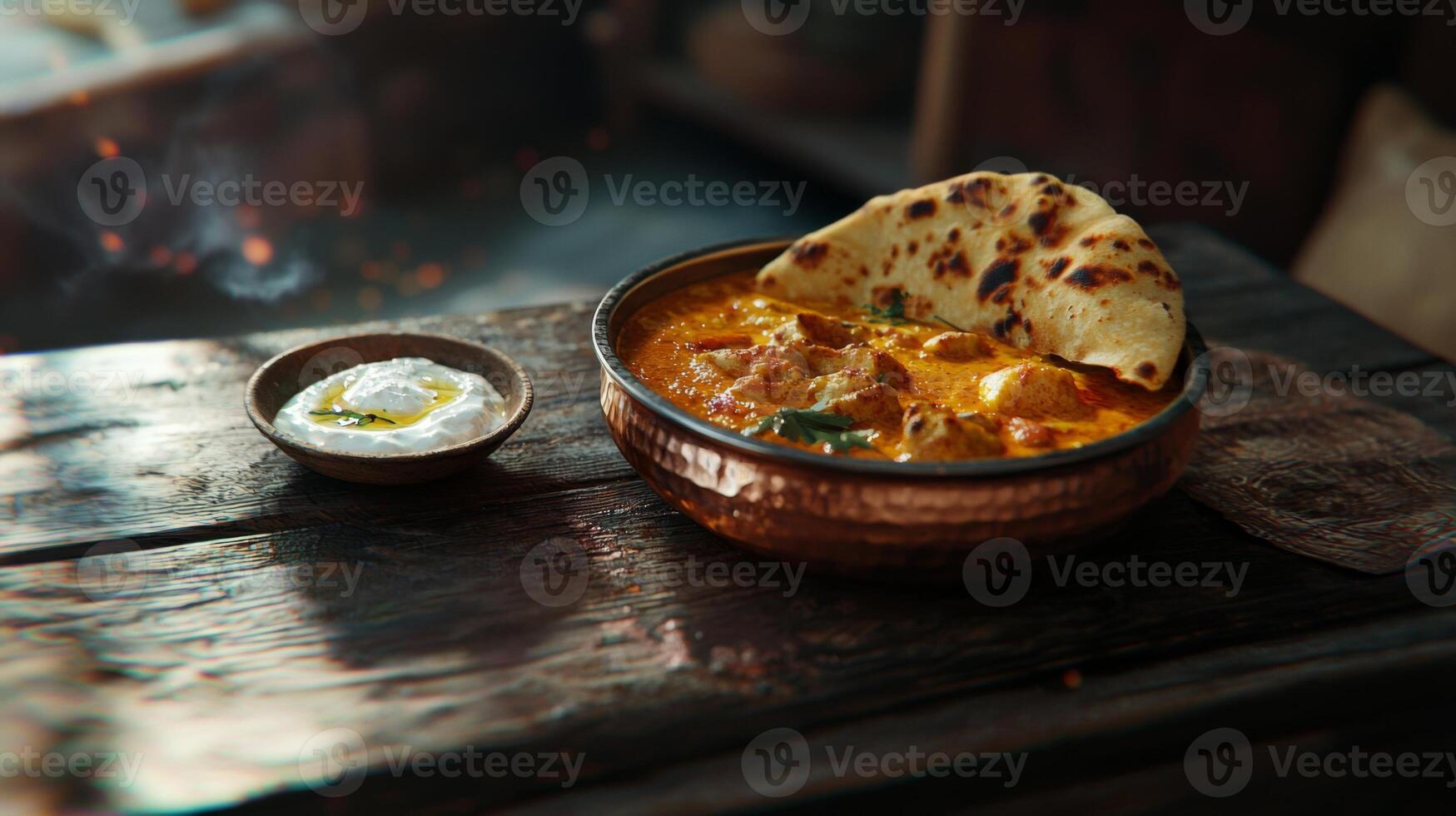 Delicious Indian Butter Chicken Curry with Naan Bread and Yogurt photo