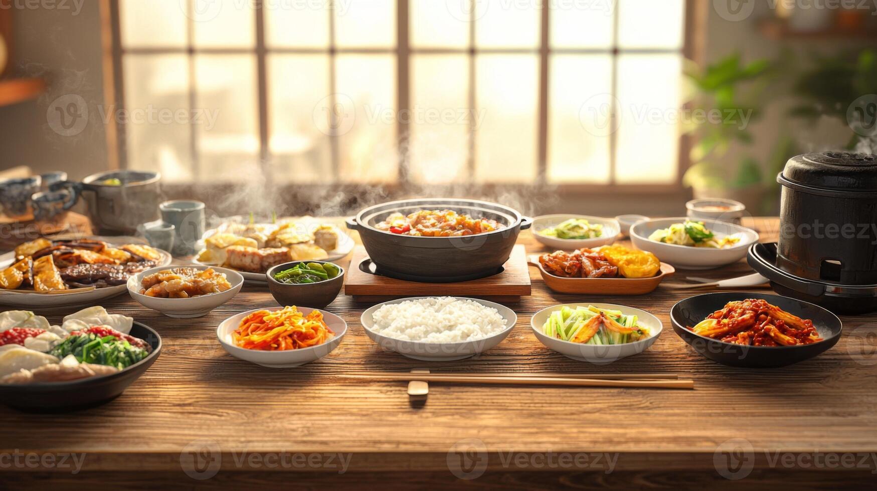 Delicious Korean Feast Authentic Dishes Table Setting Food Photography photo