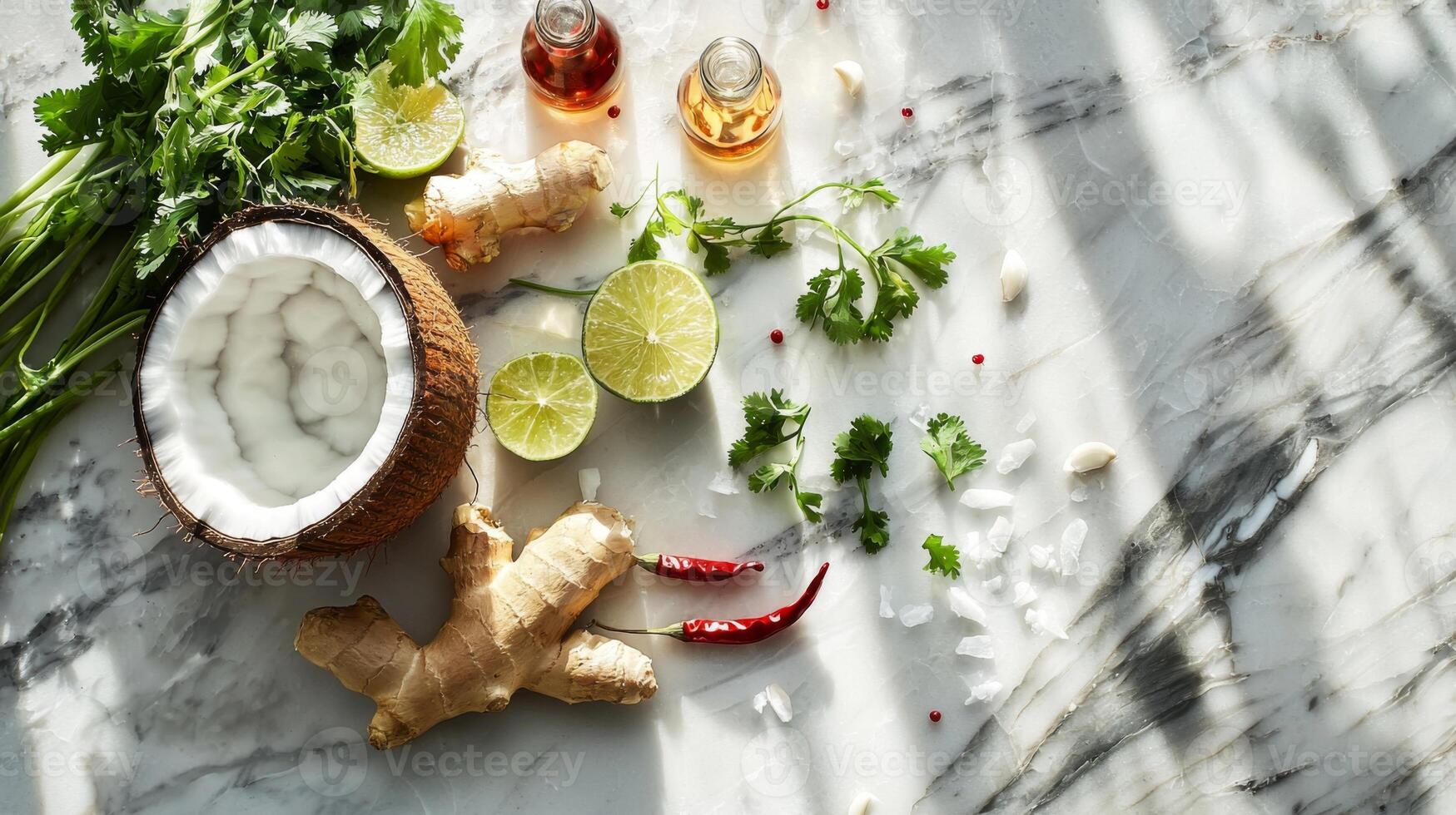 Thai Cooking Ingredients Coconut Ginger Lime Chili Herbs Flatlay photo