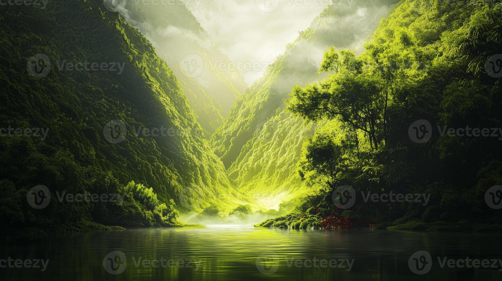 Serene Green Valley River Landscape Lush Nature Tranquil Waters Misty Mountains photo