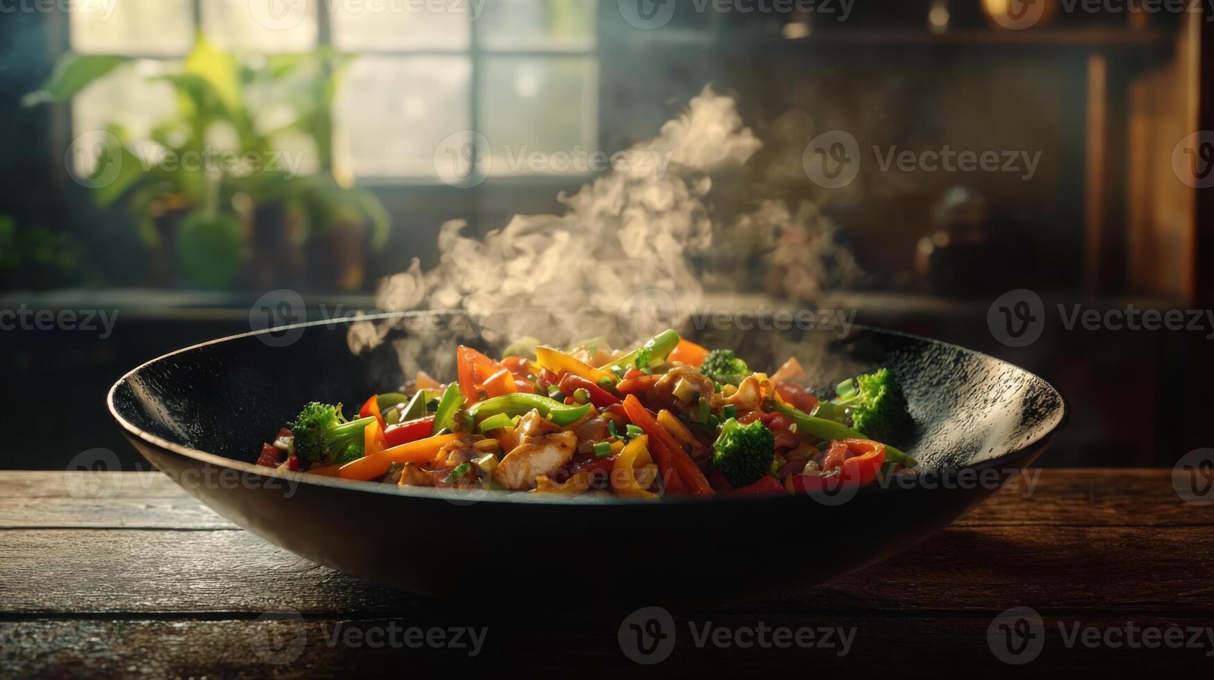 Delicious Chicken Vegetable Stir Fry in Wok Steaming Hot Food photo