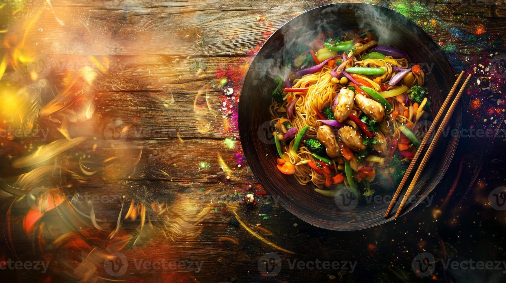 Delicious Chicken Vegetable Stir Fry Noodles in Wok Asian Cuisine Food Photography photo