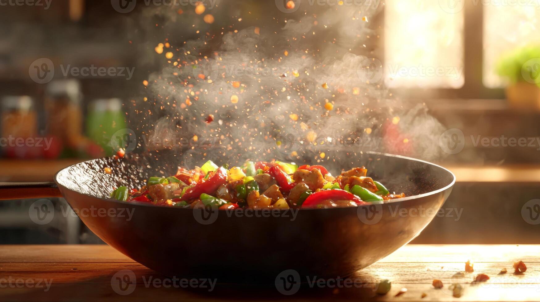 Sizzling Kung Pao Chicken Stir Fry in Wok Asian Cuisine Food Photography photo