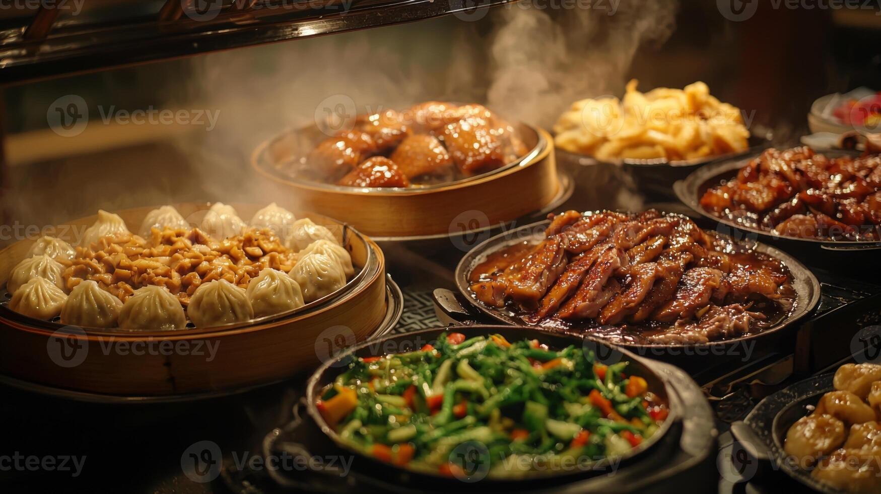 Delicious Chinese Buffet Steaming Dumplings Crispy Duck Stir fry photo