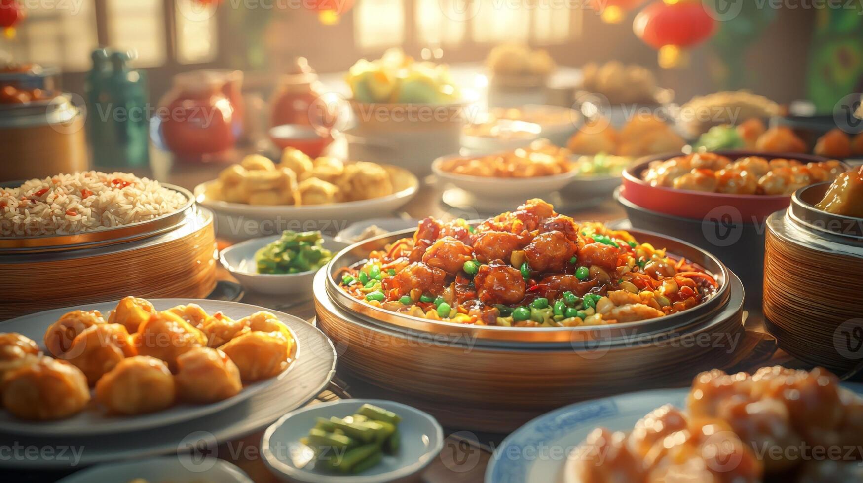Delicious Chinese Buffet Dim Sum Sweet Sour Chicken Fried Rice photo
