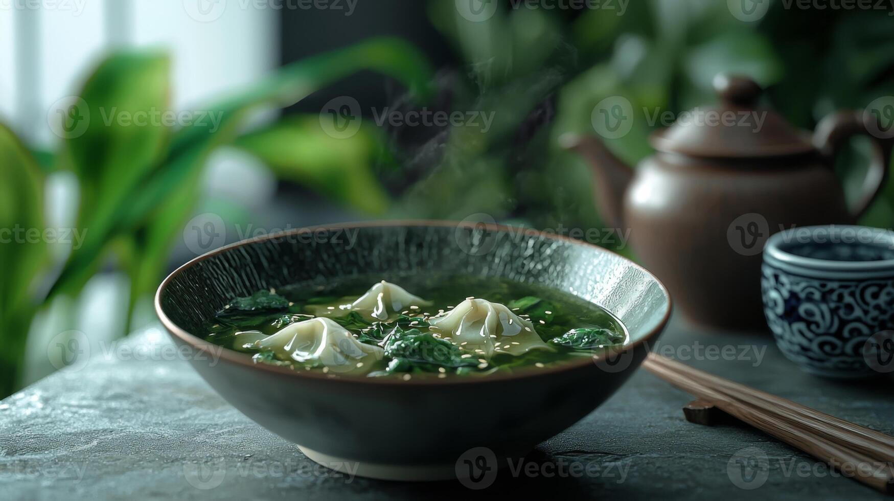 Delicious Wonton Soup with Spinach Sesame and Broth in a Modern Bowl photo