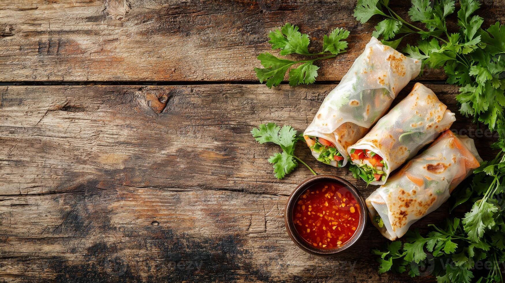 Delicious Spring Rolls Fresh Vegetables Chili Sauce Cilantro Wooden Background Asian Cuisine Food photo