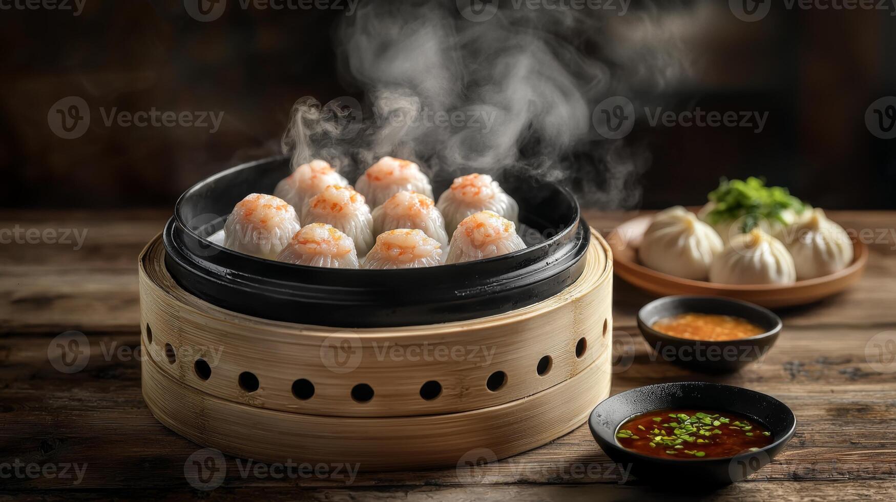 Steaming Dim Sum Delicious Shrimp Dumplings Bao Buns photo