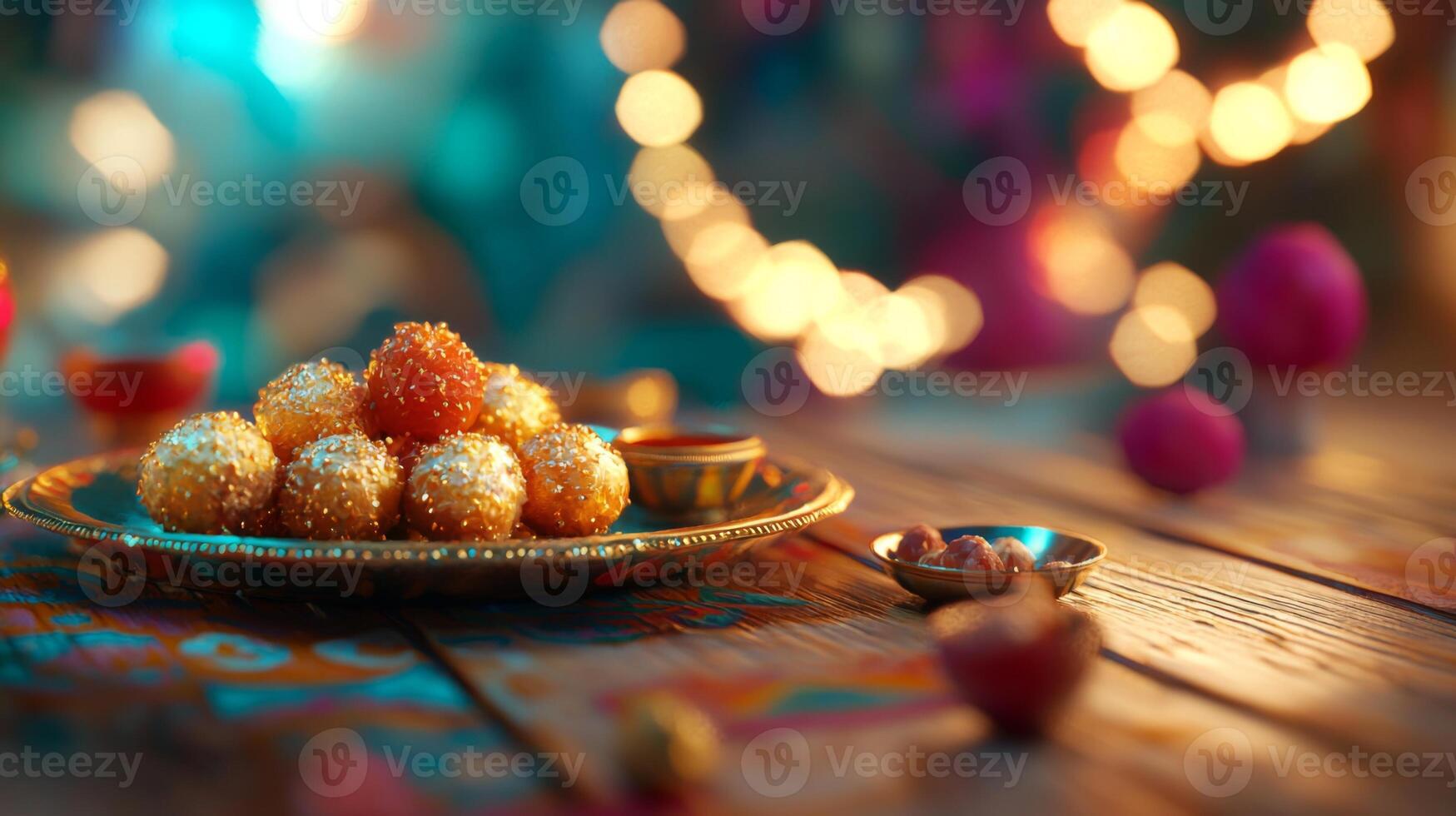 Diwali Festive Sweets Golden Laddus Gulab Jamuns Barfi on Wooden Table photo