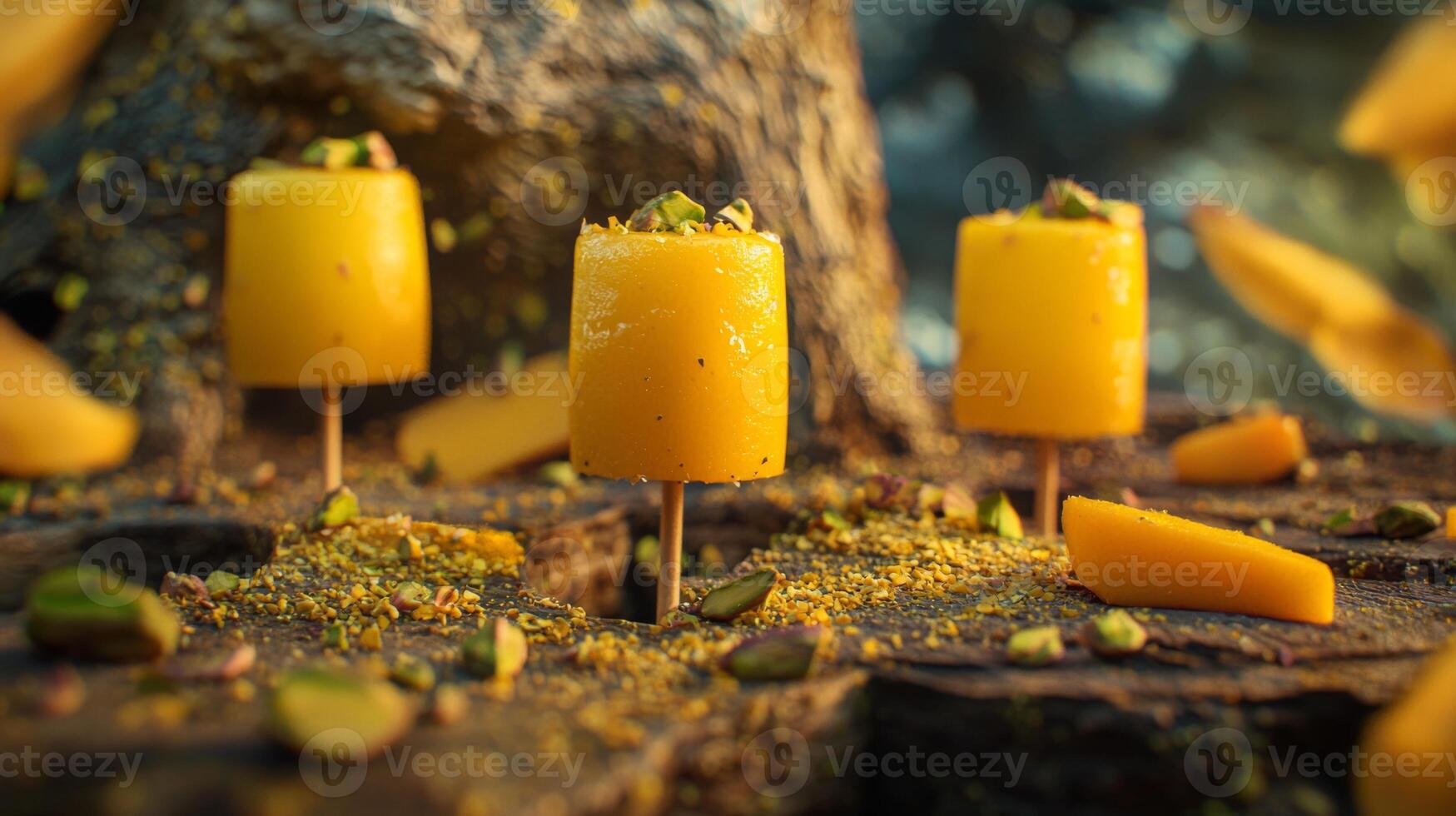 Delicious Mango Kulfi Popsicles on Wooden Sticks Pistachios Saffron photo