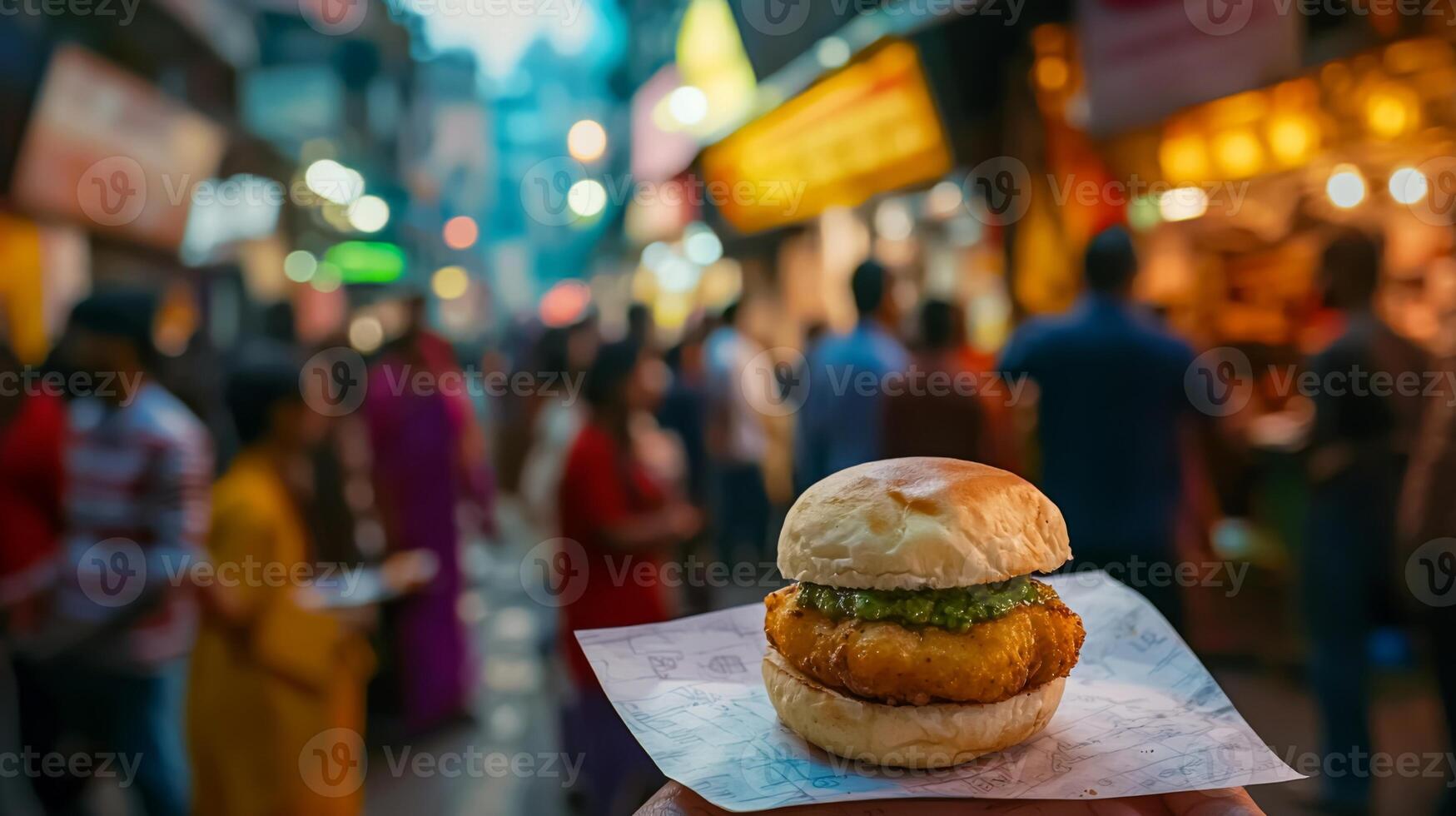 Mumbai Street Food Delicious Vada Pav in Busy City photo