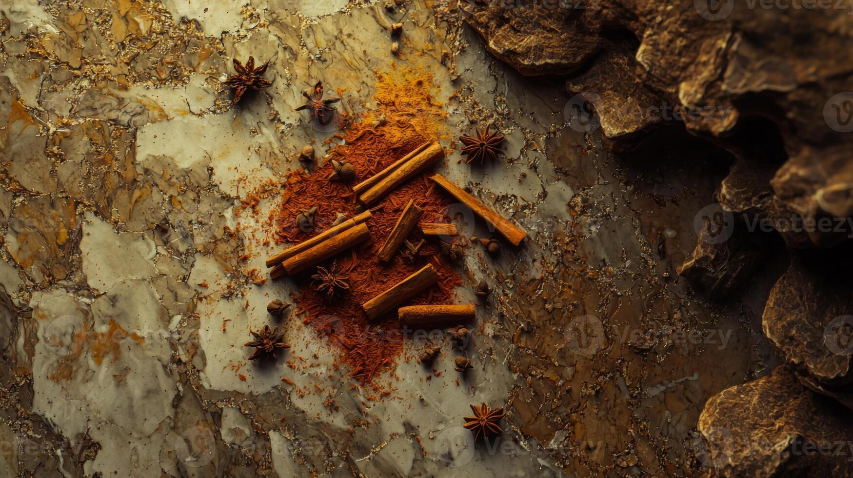 Aromatic Indian Spices Cinnamon Cloves Star Anise on Marble photo