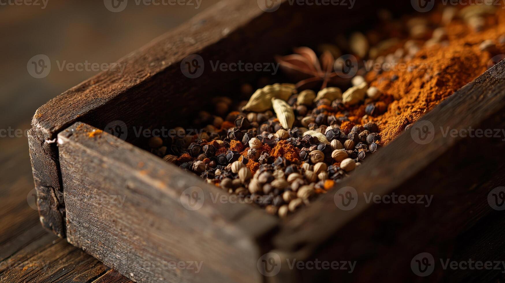 Aromatic Indian Spices in Rustic Wooden Box Close up photo