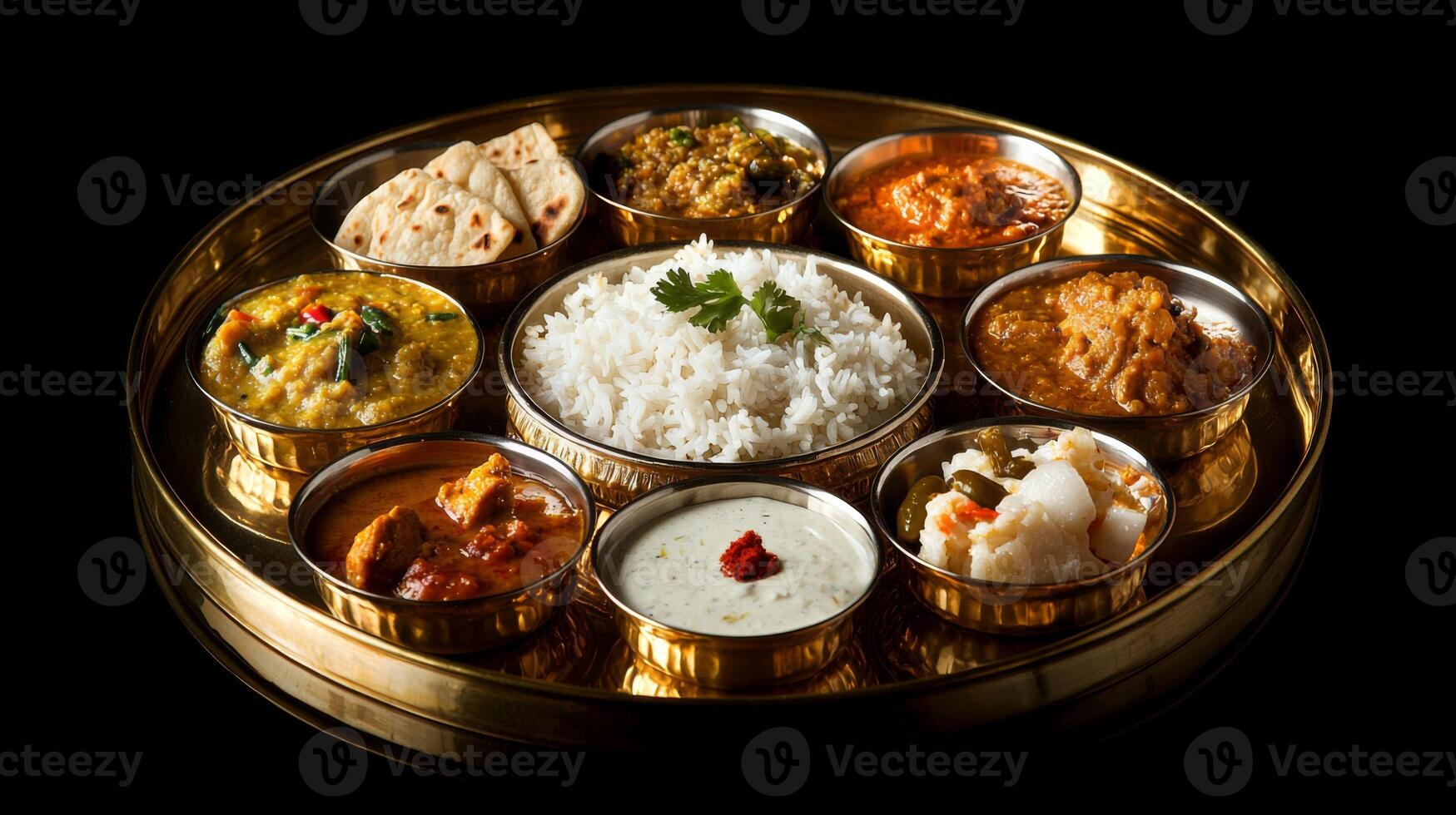 Authentic Indian Thali Delicious Curry Rice Naan More photo