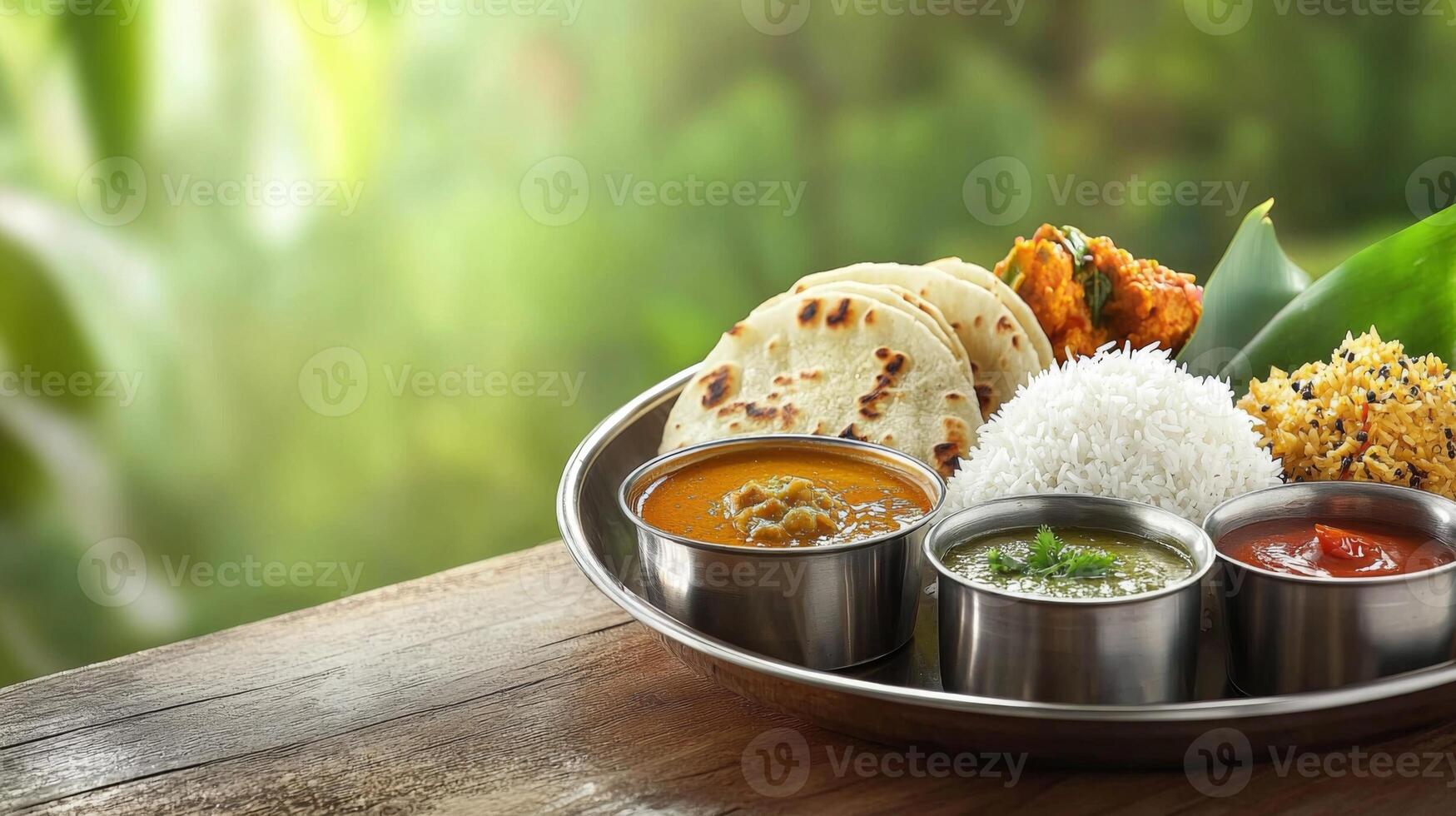 Delicious Indian Thali Rice Curry Roti Sambar Dosa Food Platter photo