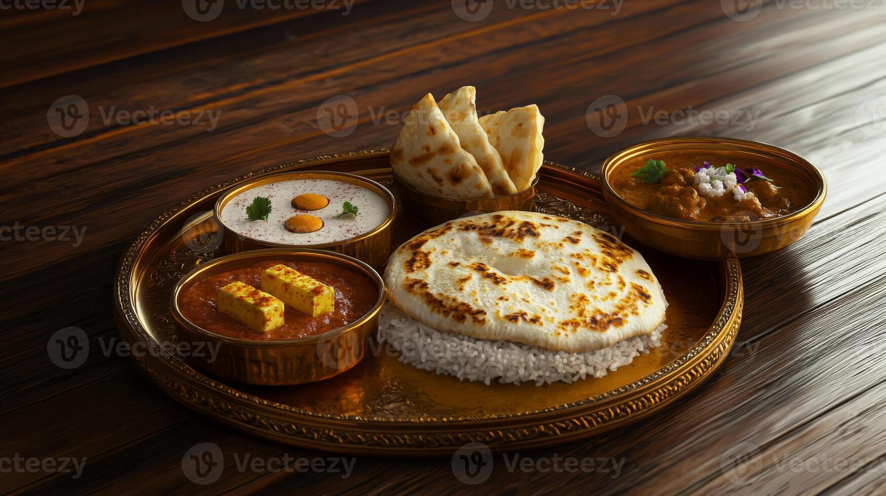 Delicious Indian Thali Vegetarian Cuisine Golden Tray Naan Rice Curry photo