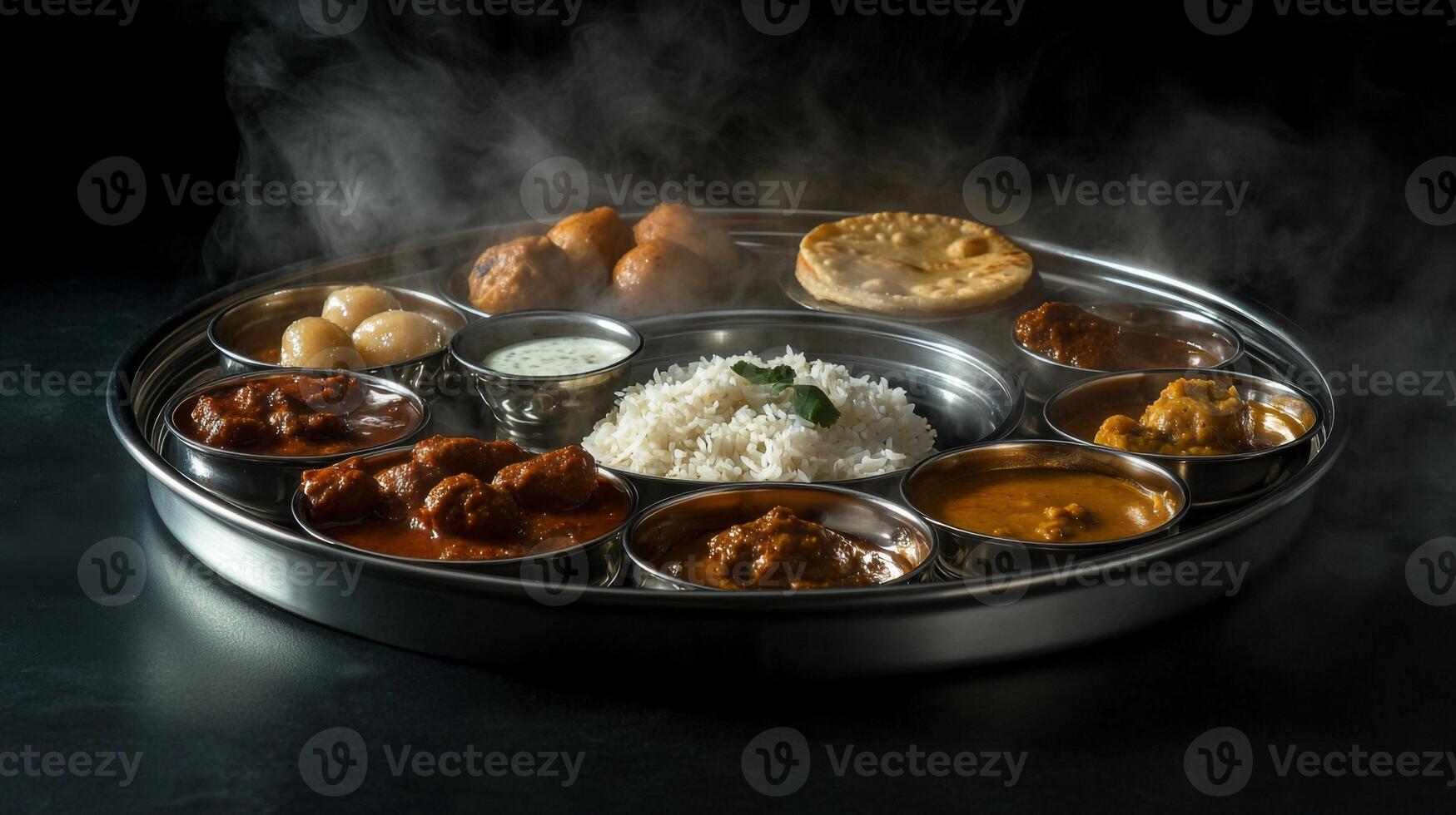 Authentic Indian Thali Steaming Hot Curry Rice Chapati More photo