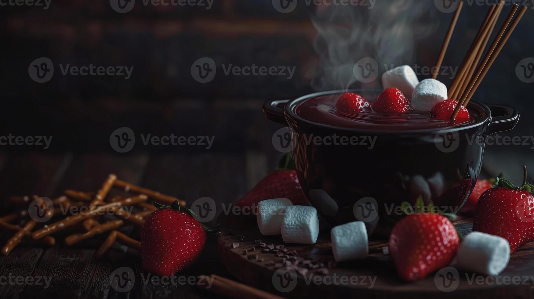 Decadent Chocolate Fondue Strawberries Marshmallows Pretzel Sticks photo