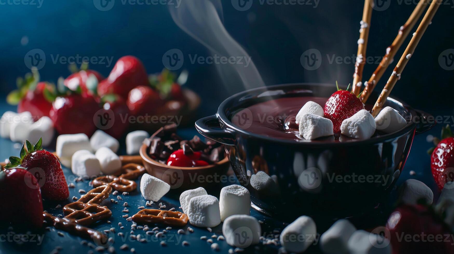 Decadent Chocolate Fondue Strawberries Marshmallows Pretzels photo