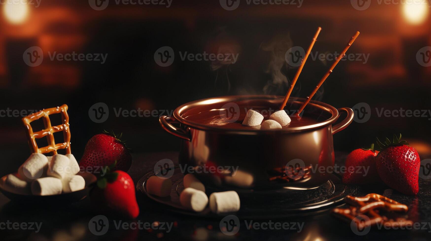 Delicious Chocolate Fondue Strawberries Marshmallows Pretzels photo