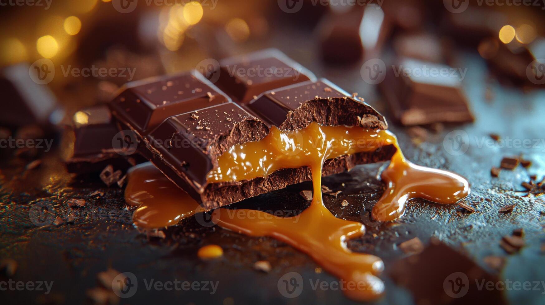 Gourmet Caramel Filled Chocolate Bar Melted Candy Dessert Sweet Treat Closeup photo