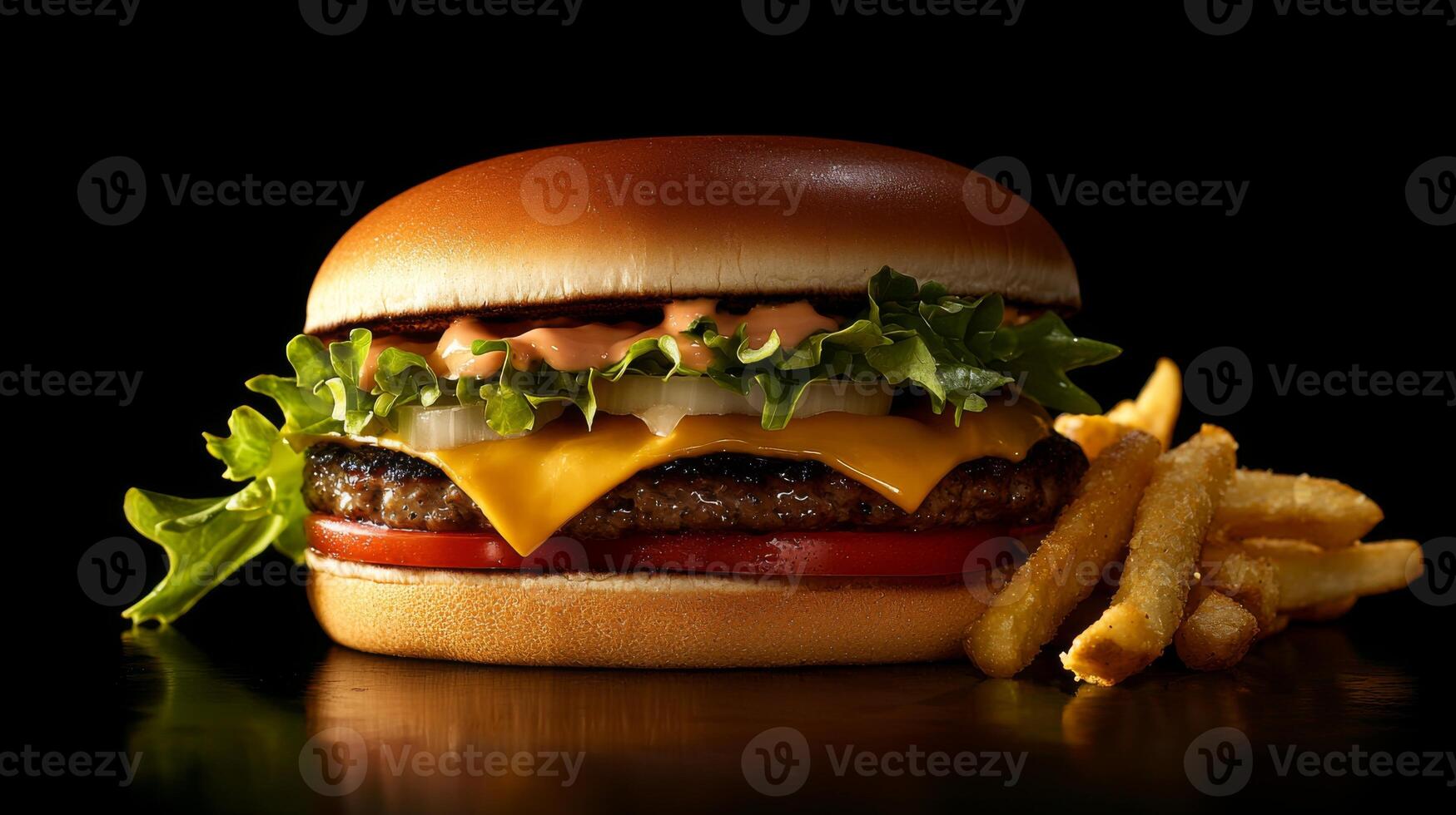 Juicy Cheeseburger with Crispy Fries Fast Food Meal photo
