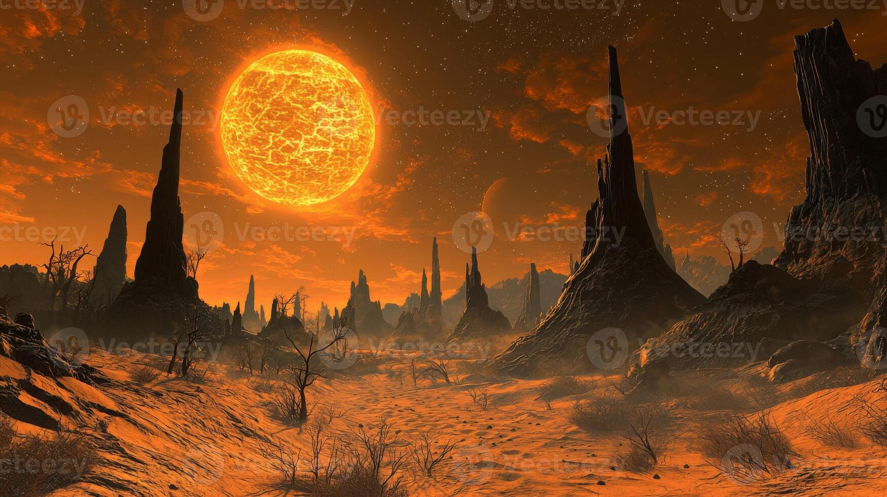 Alien Desert Landscape Dual Suns Orange Dunes Rocky Formations photo