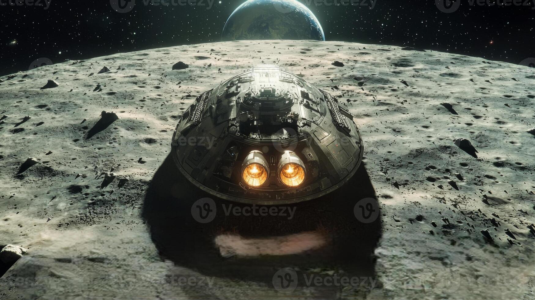 Spaceship Landing on Moon Earth in Background Sci Fi Scene photo