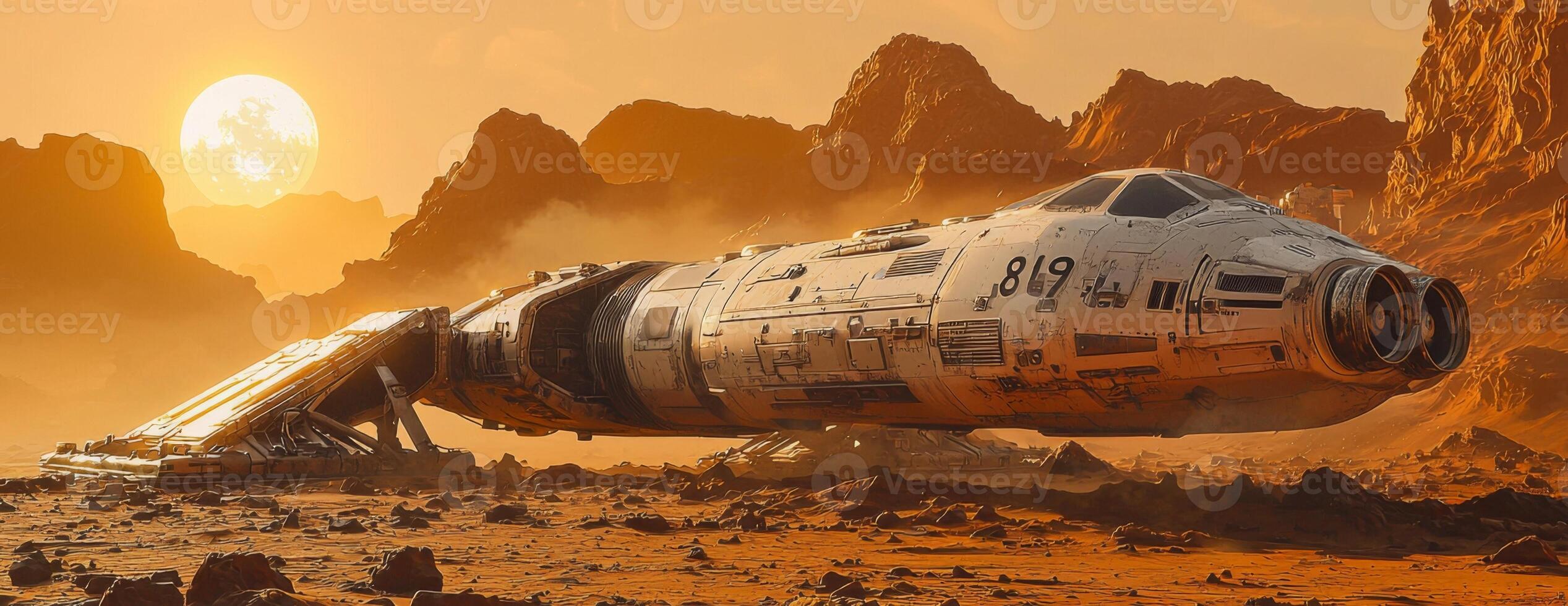 Crashed Spaceship on Mars Sci Fi Landscape Sunset Alien Planet Exploration photo