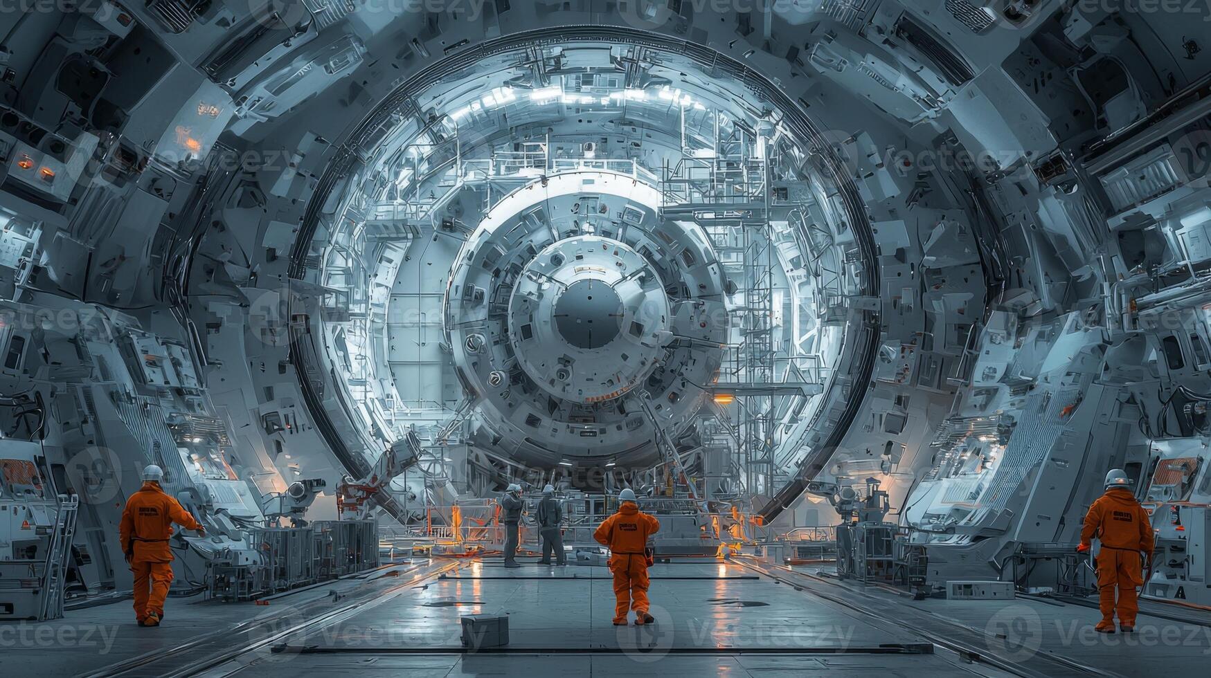 Futuristic Spaceship Docked in High Tech Space Station photo