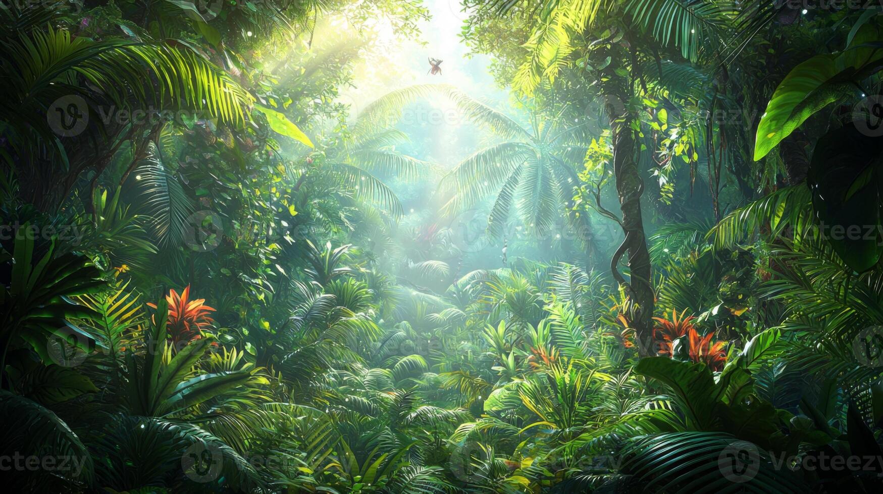 Lush Tropical Jungle Sunlit Canopy Exotic Plants Nebula View photo