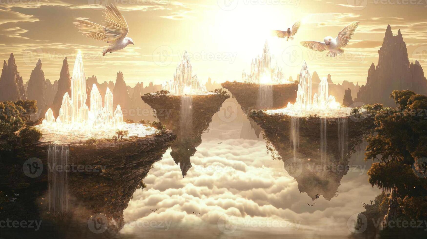 Ethereal Crystal Castles Floating Islands Birds Golden Sky Fantasy Landscape photo