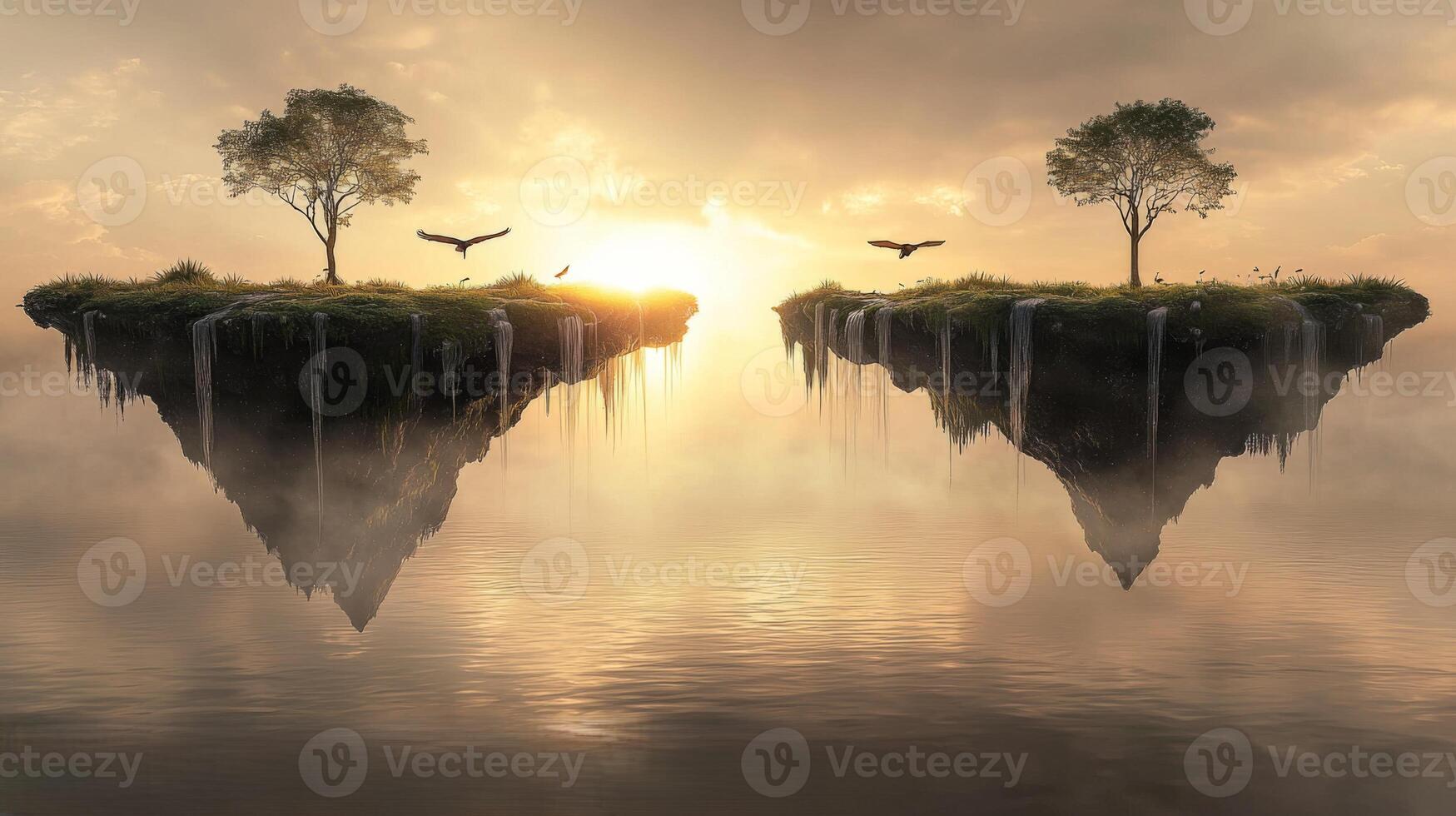 Surreal Sunset Floating Islands Trees Birds Calm Water Fantasy Landscape photo