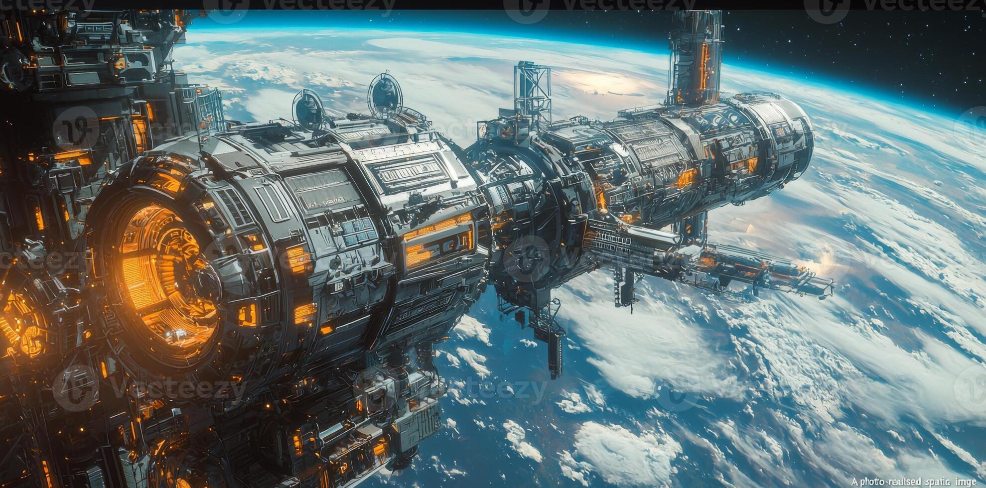 Futuristic Space Station Orbiting Earth Sci Fi Spacecraft Technology Exploration photo