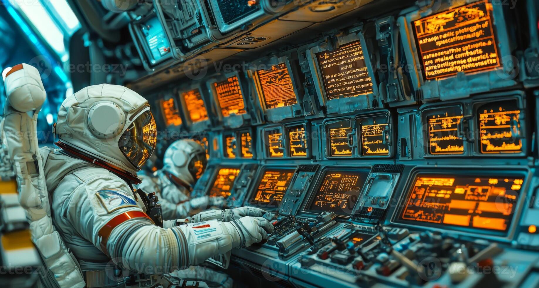 Astronauts Working Spacecraft Control Panel Futuristic Technology photo