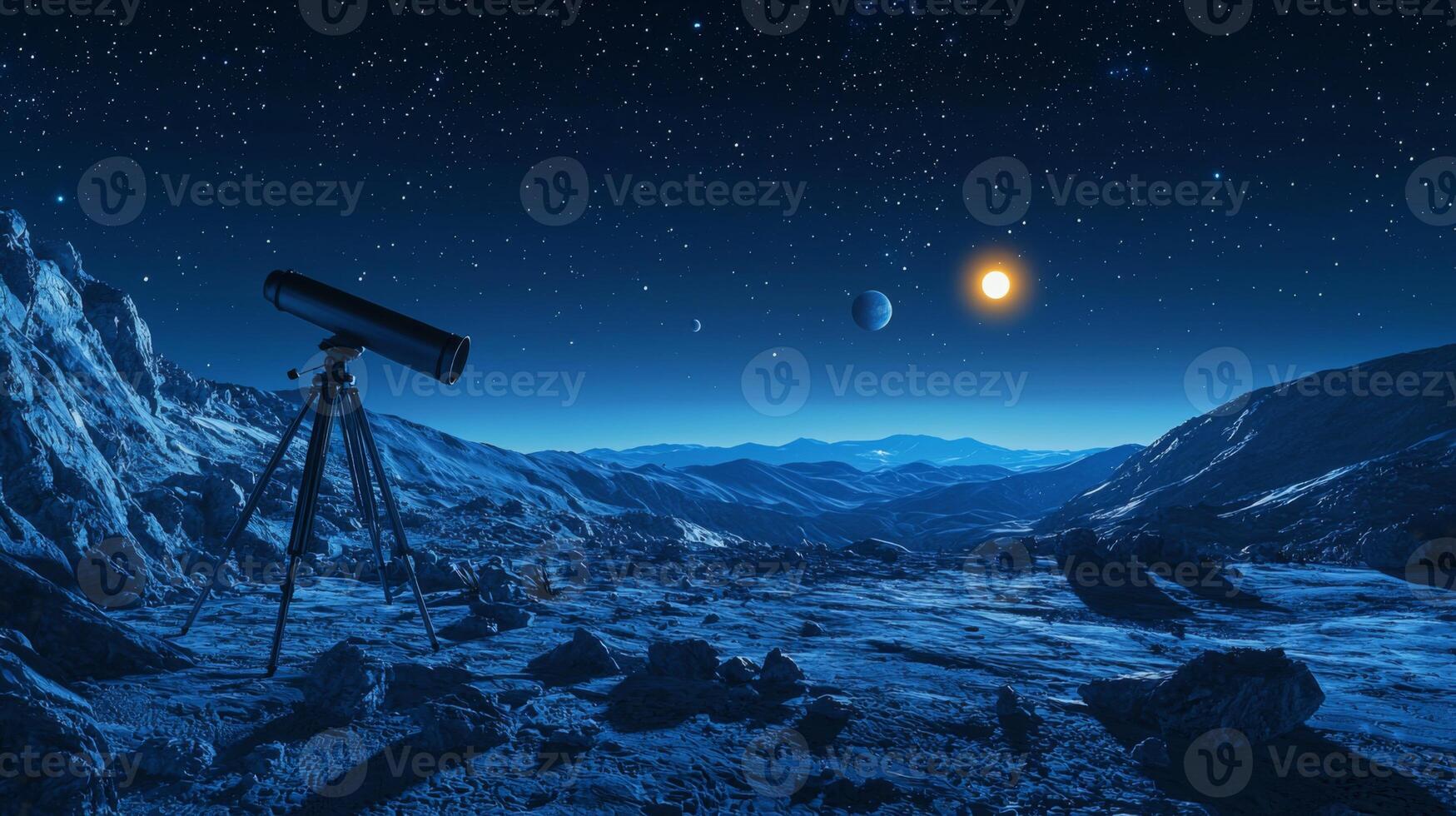 Alien Planet Night Sky Telescope Mountains Stars Planets photo