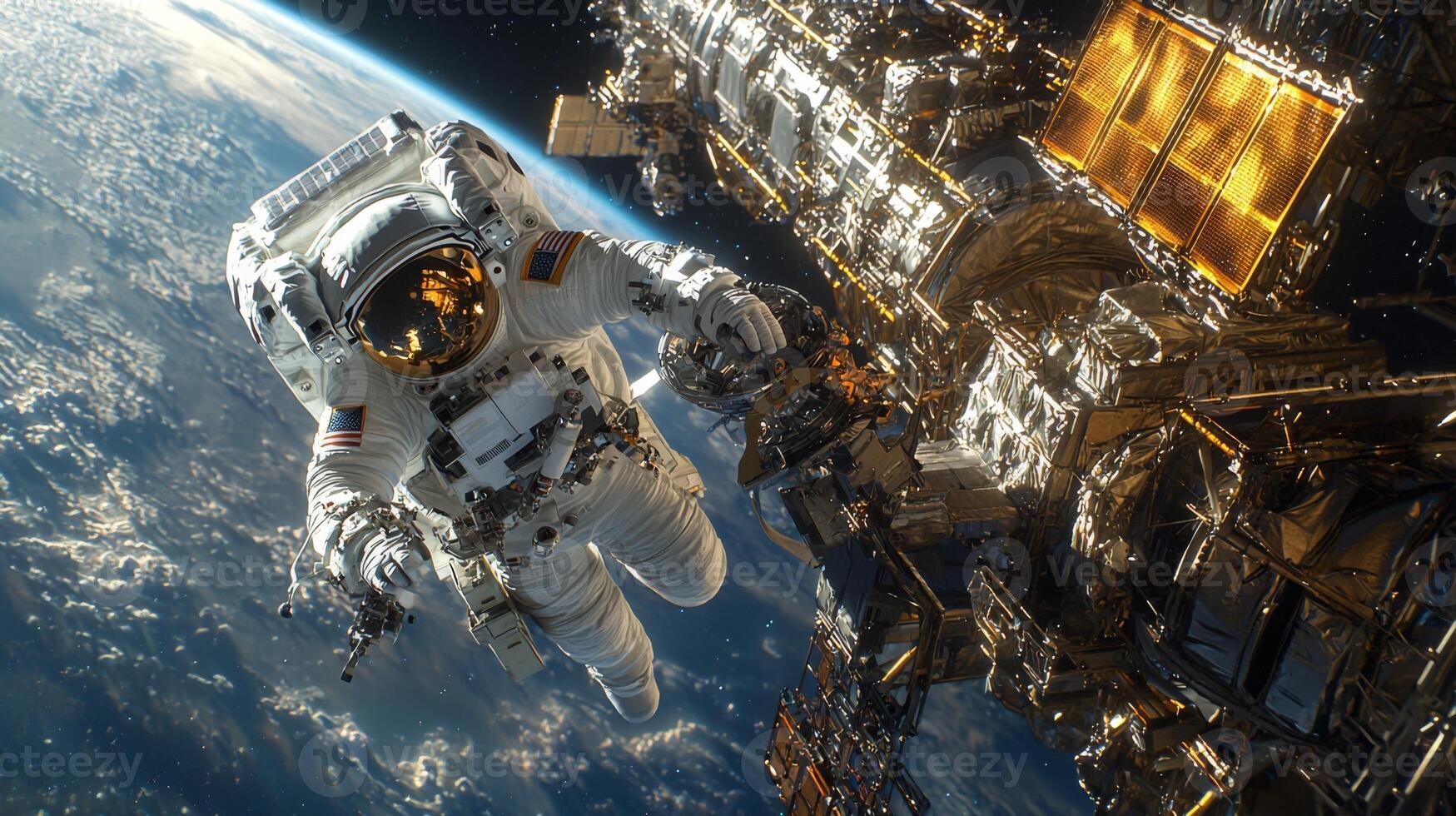 Astronaut Spacewalk Space Station Repair Earth Orbit View photo