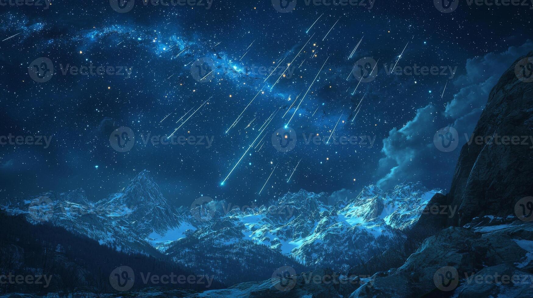 Majestic Meteor Shower over Snowy Mountains Night Sky Landscape photo