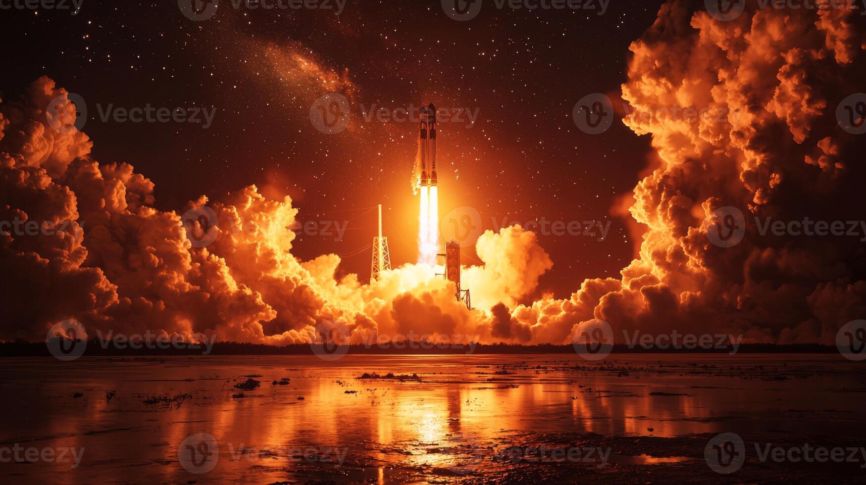 Dramatic Nighttime Rocket Launch Space Exploration Fiery Cloudscape photo