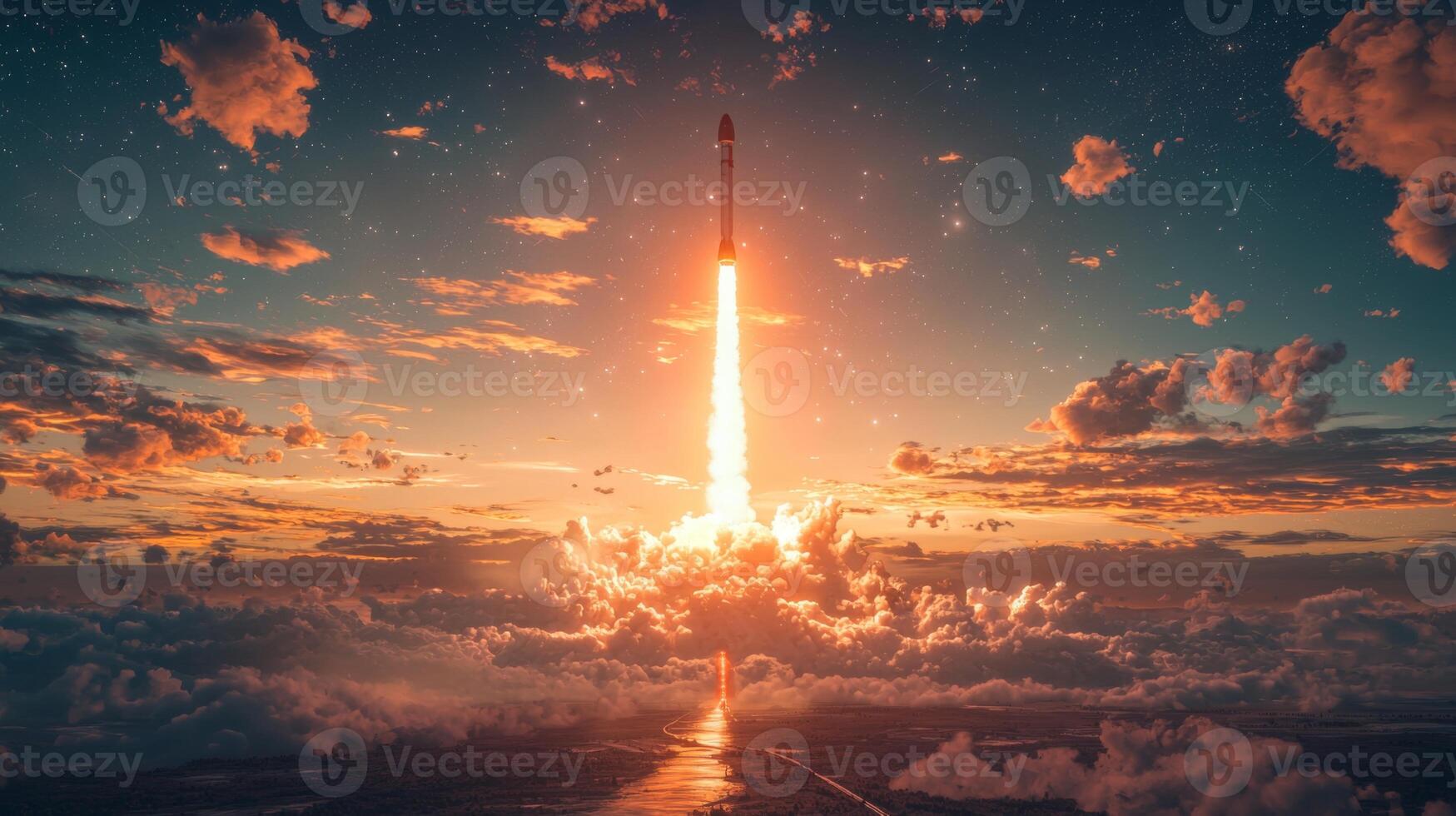 Dramatic Rocket Launch at Sunset Space Exploration Image photo