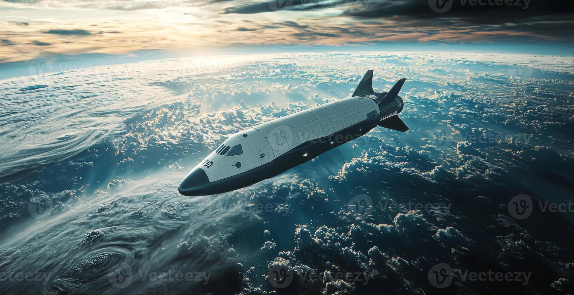 Futuristic Spacecraft Soaring Above Earth s Cloudscape at Sunset photo