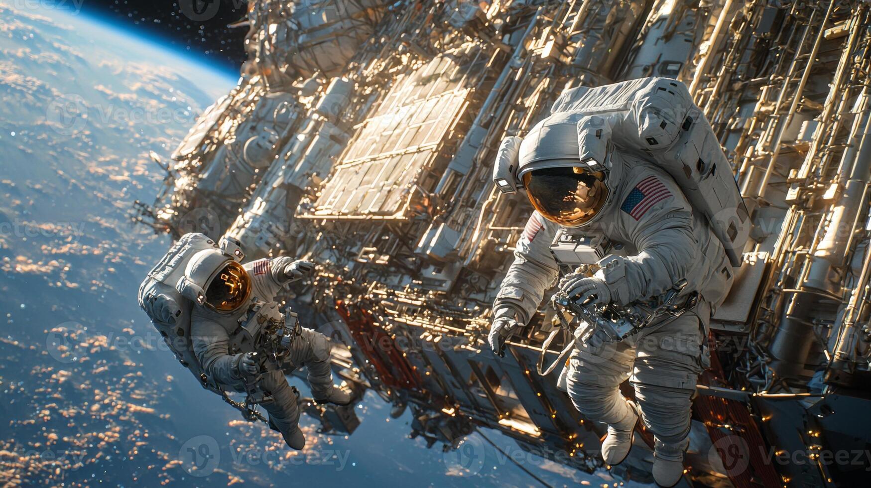Space Station Astronauts Spacewalk Earth Orbit High Res Image photo