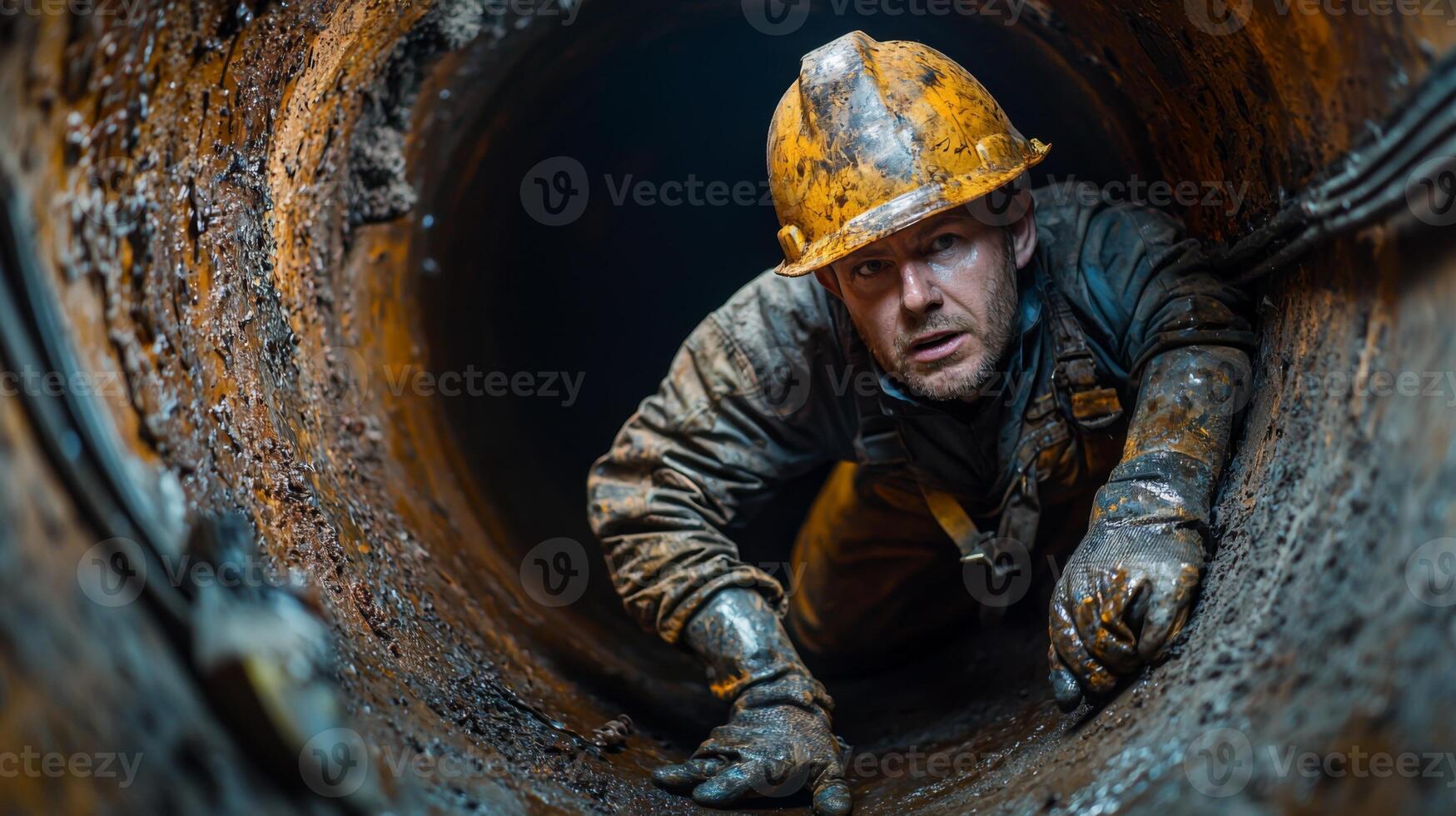 Confined Space Inspection Industrial Worker in Rusty Pipe photo