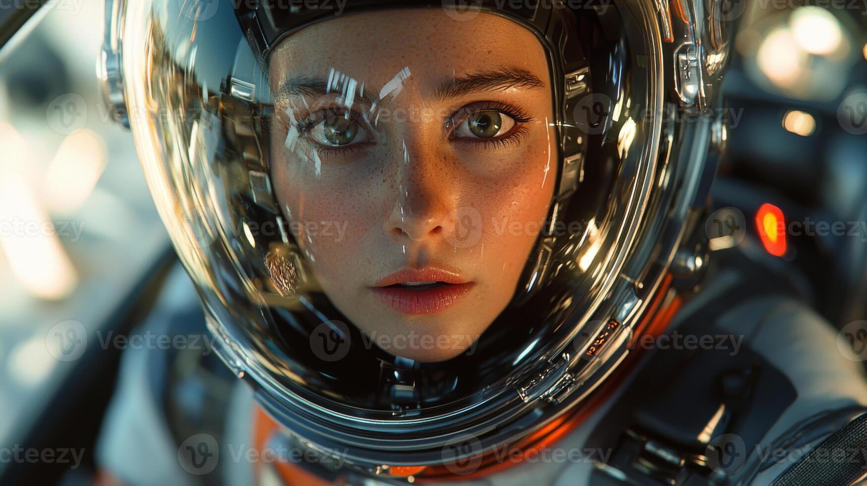 Female Astronaut Spacewalk Prep Close up Helmet Portrait photo