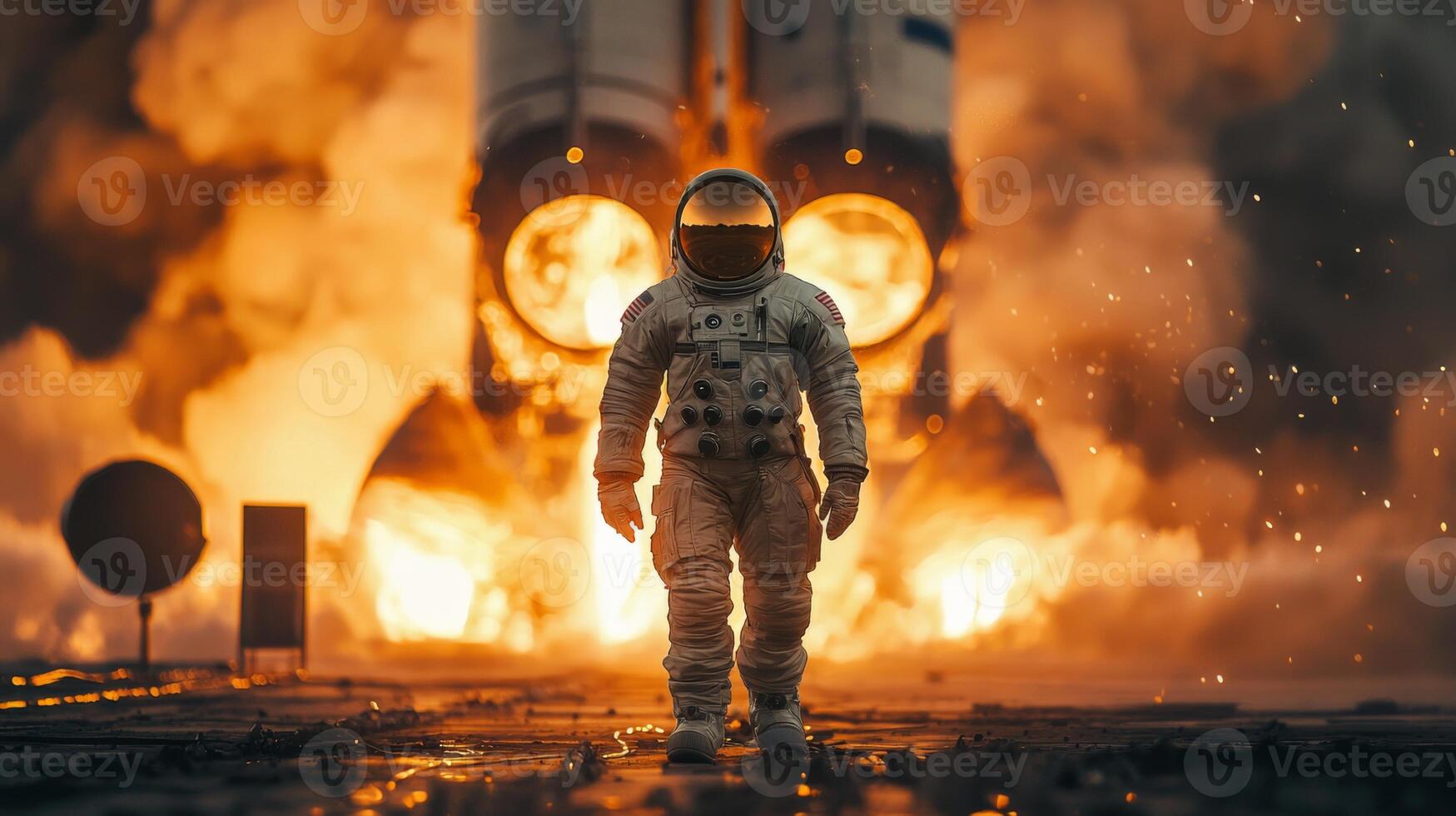 Astronaut at Rocket Launch Fiery Space Exploration Dramatic Scene photo