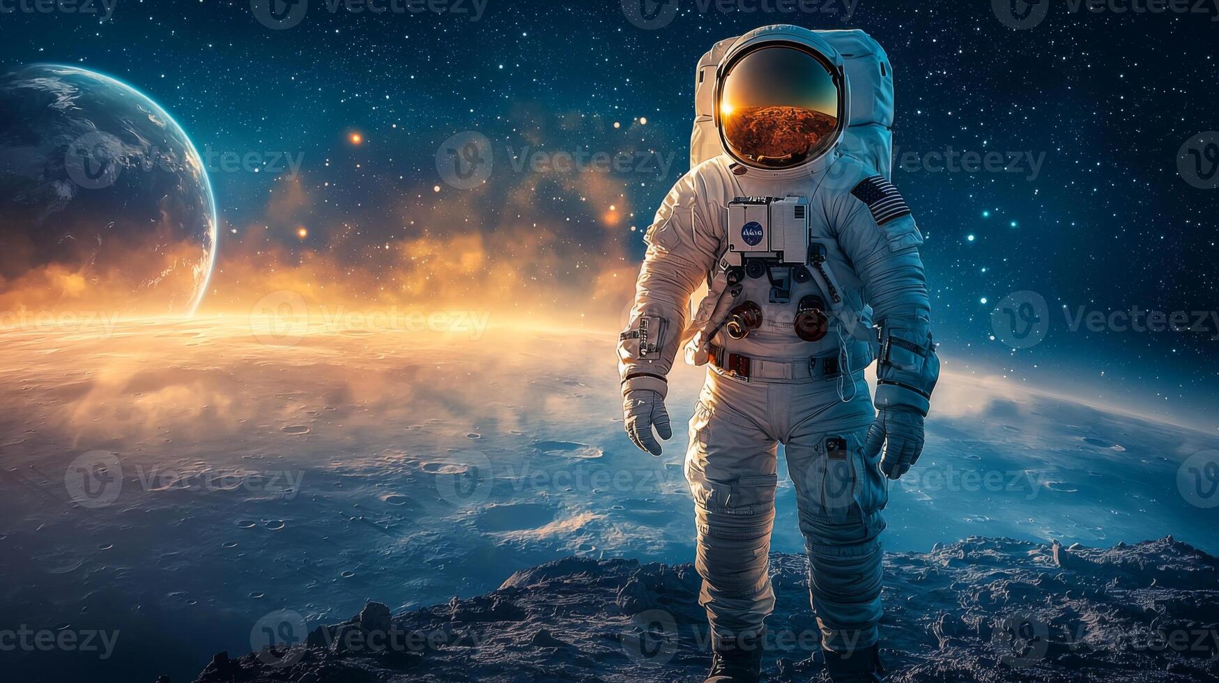 Astronaut on Moon Earthrise Space Exploration Lunar Surface High Resolution Image photo