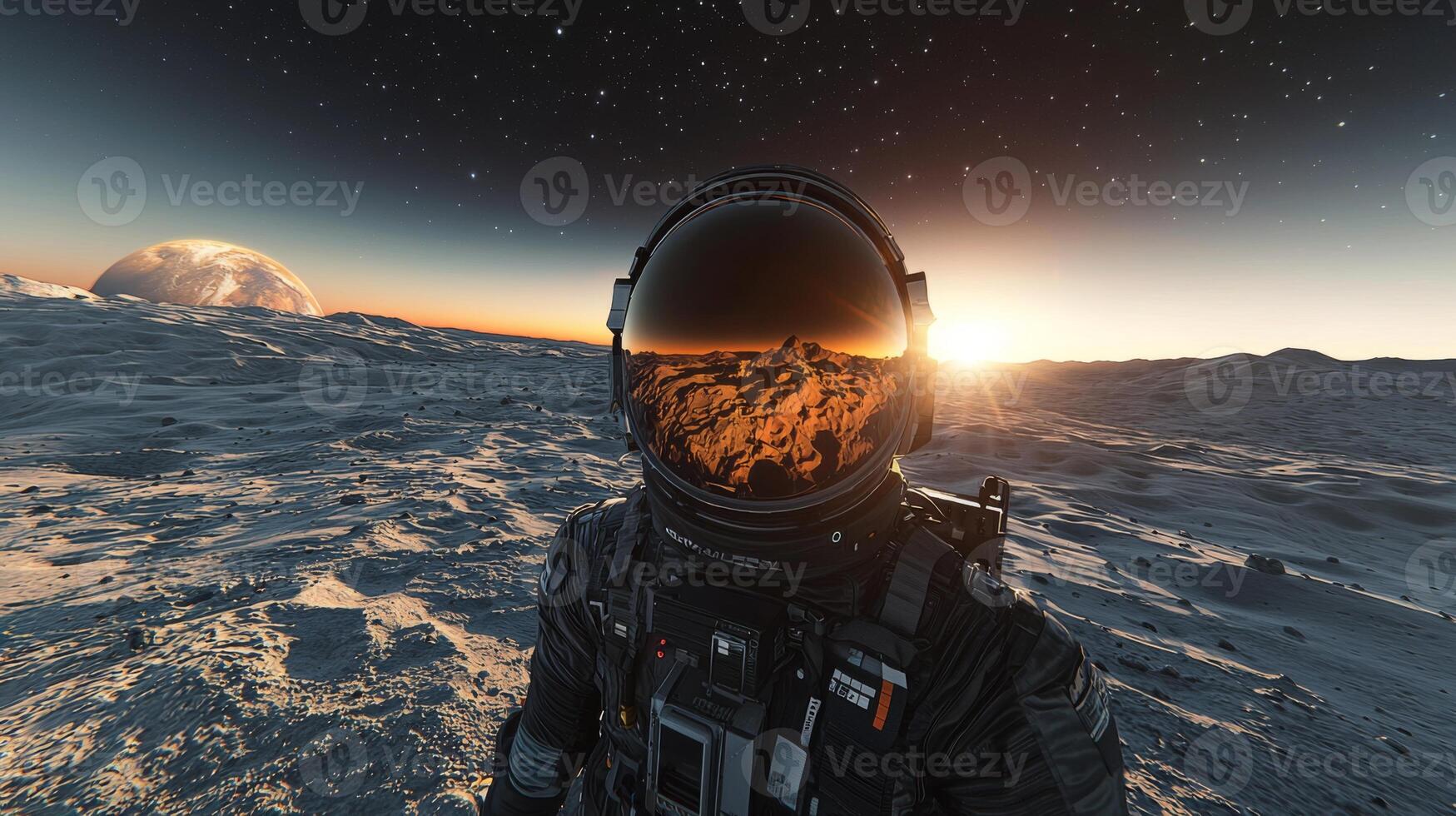 Astronaut on Moon Lunar Sunrise Earthrise Space Exploration High Res photo