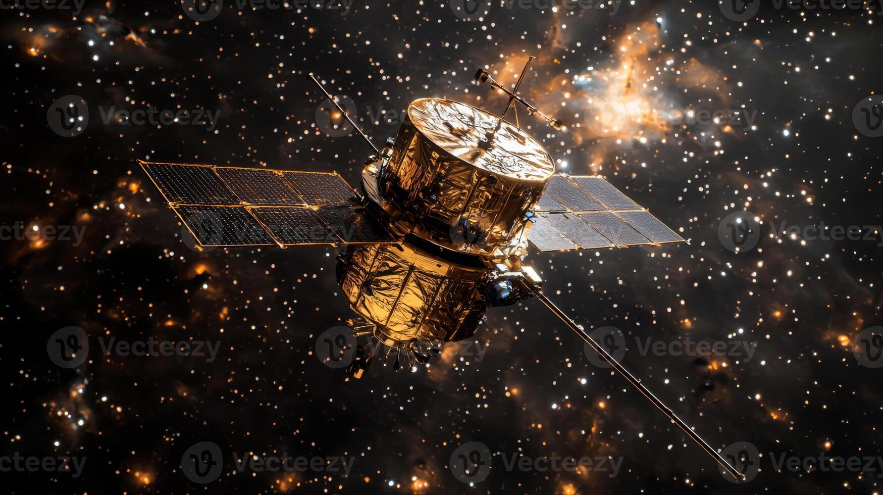 High Resolution Space Satellite Image Golden Satellite Solar Panels Antennas Stars Nebula Space photo