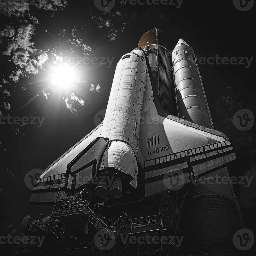 Space Shuttle Launchpad Dramatic Black White Photo