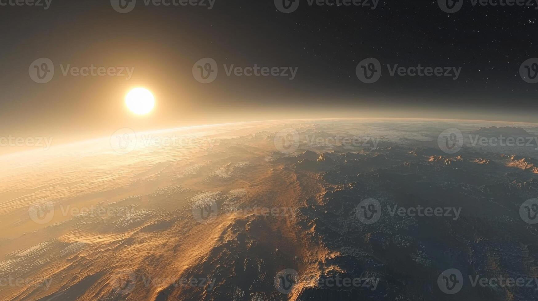 Stunning High Resolution Earth Dawn Space View Golden Atmosphere Clouds Planet Curvature photo